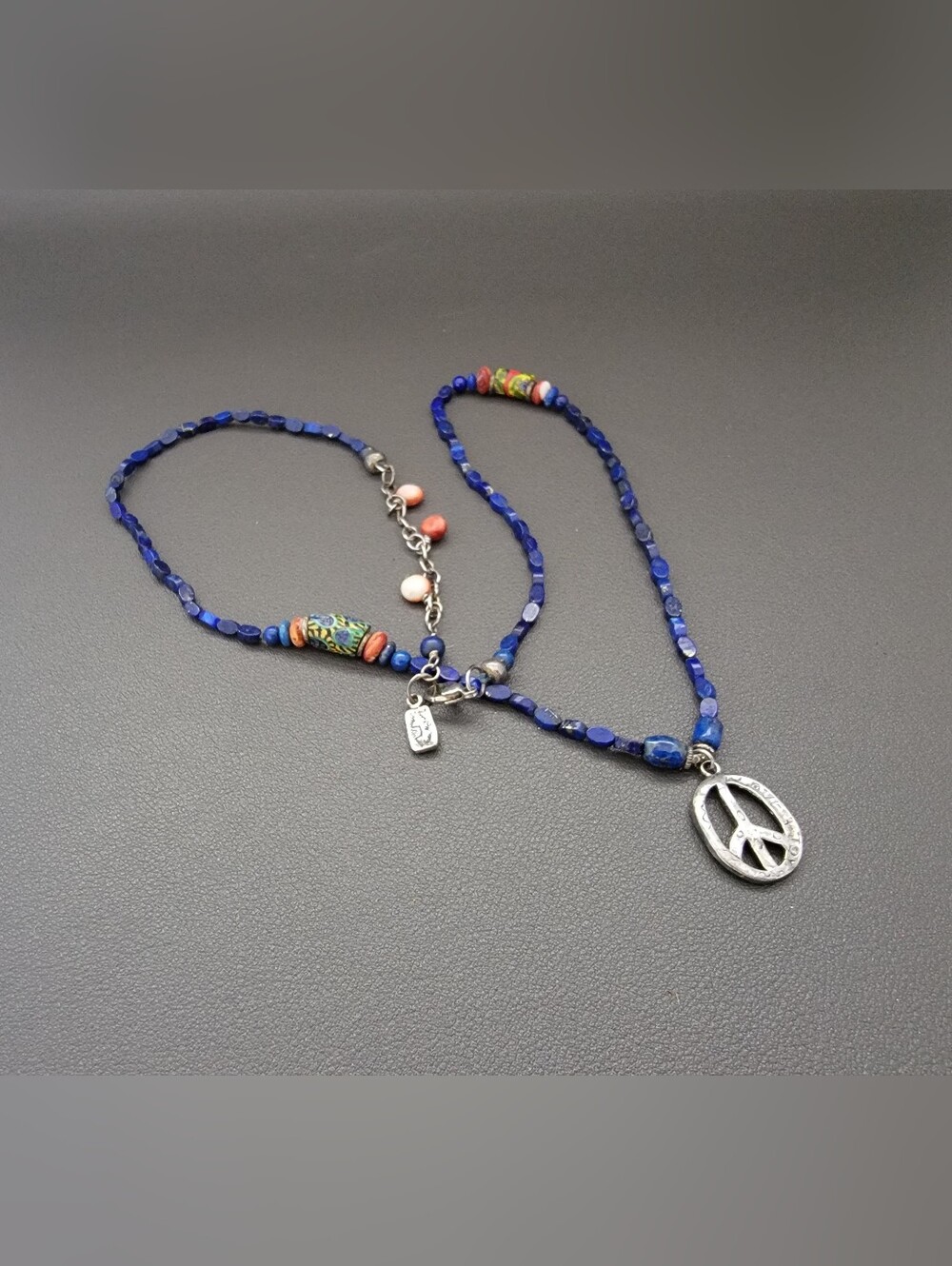 Jes Maharry Lapis Lazuli, Coral & Trade Bead Sterling Silver Peace Necklace Sign